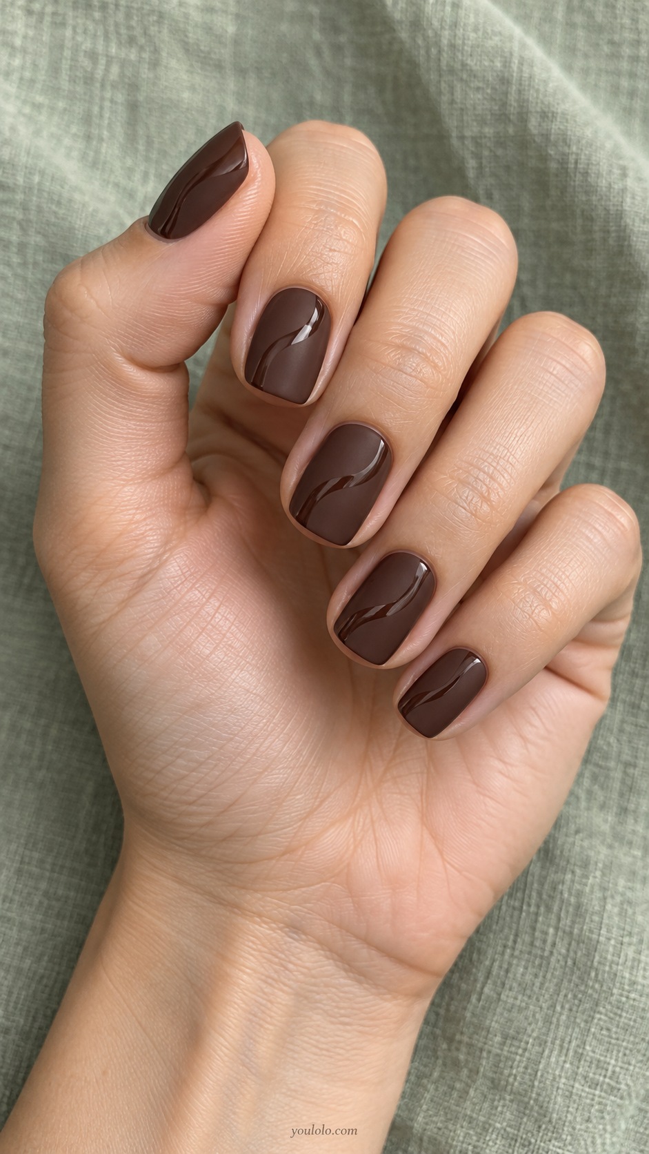 Ganache Gloss Swirl — short squoval matte ganache brown base glossy same color curving line each nail