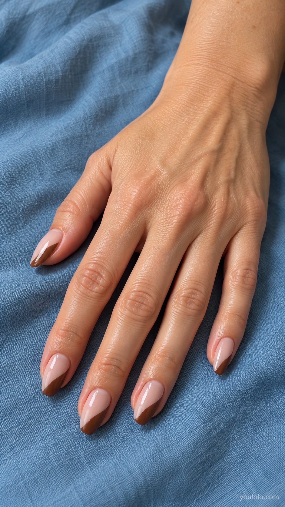 Blush Brown Side French — medium almond soft blush nails broad brown crescent along one side free edge