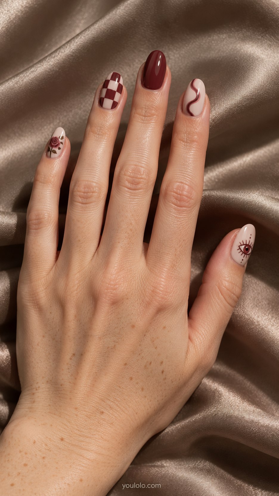 Burgundy Art-School Set: medium oval burgundy dusty rose ivory: asymmetric squiggle, checker patch, plain burgundy, tiny painted eye motif, rose tip