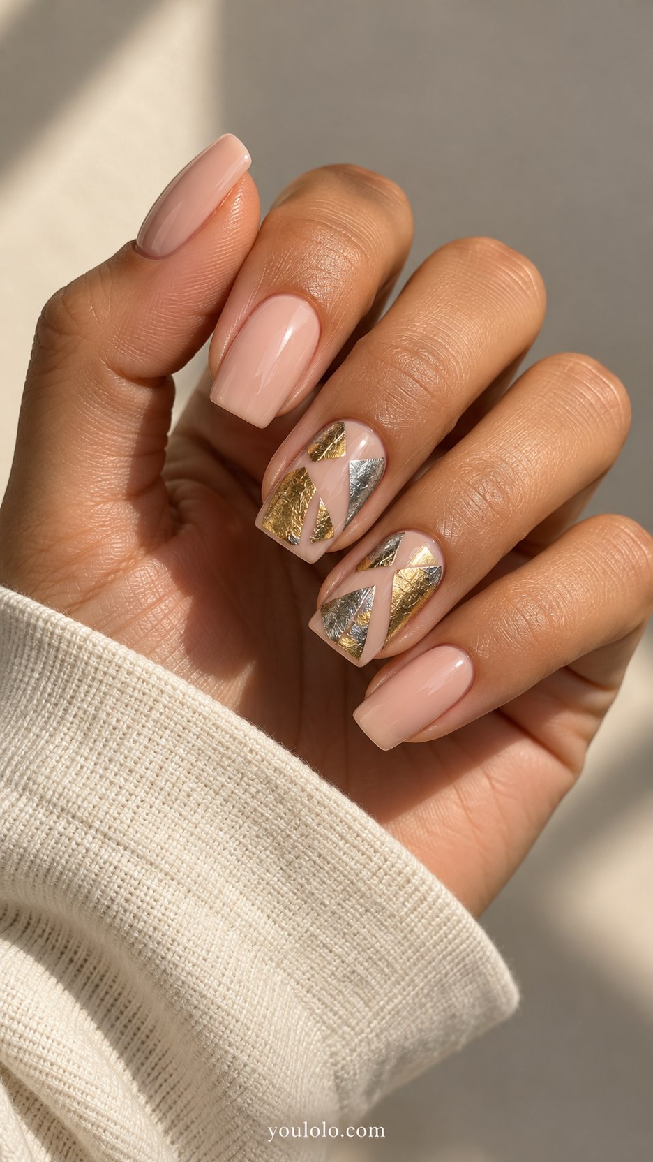 Metallic Mosaic Accent: medium square nude nails, two accents flat irregular gold and silver geometric mosaic pieces with nude gaps