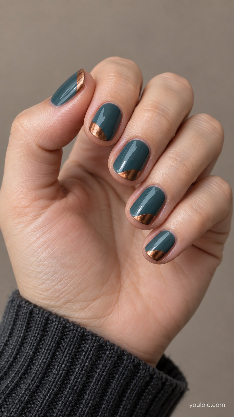fall nail ideas — Muted Teal with Copper Half Tips