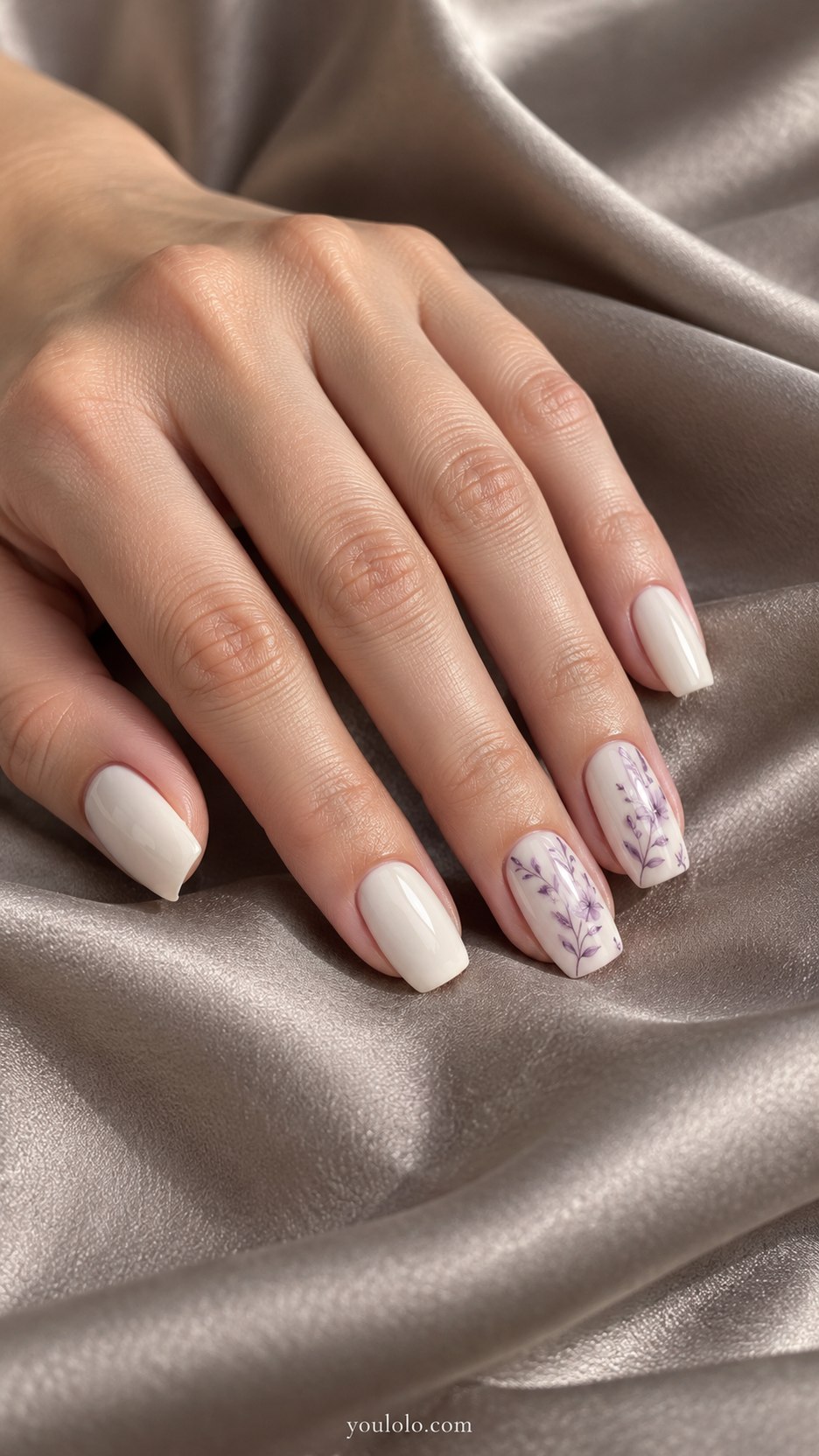 Lilac Transferware Nails: medium square pale ivory nails, fine lilac printed-look floral vines on two accents