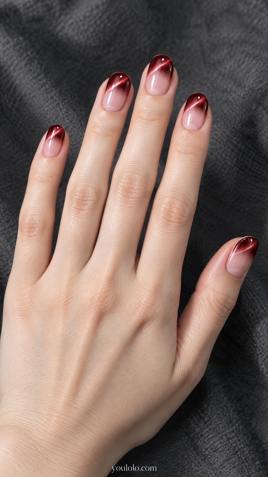 French Cat Eye Nails: short round nude beds cherry red magnetic rounded shallow tips