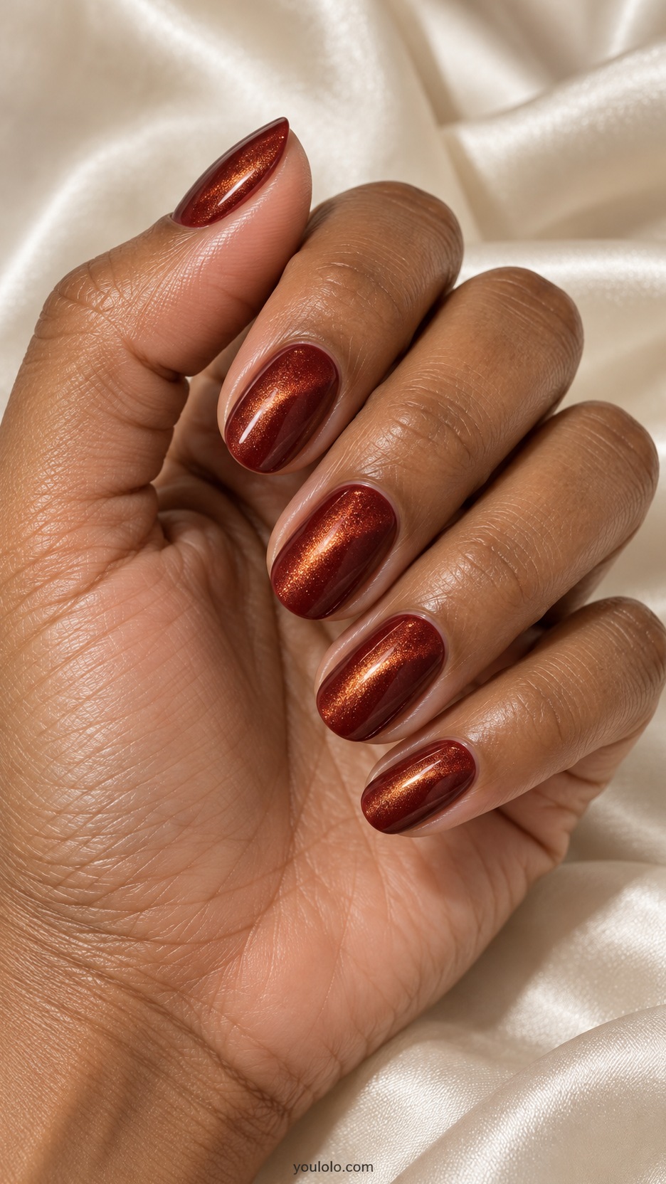 Short Red Cat Eye Nails: short oval brick red magnetic nails soft copper center reflection