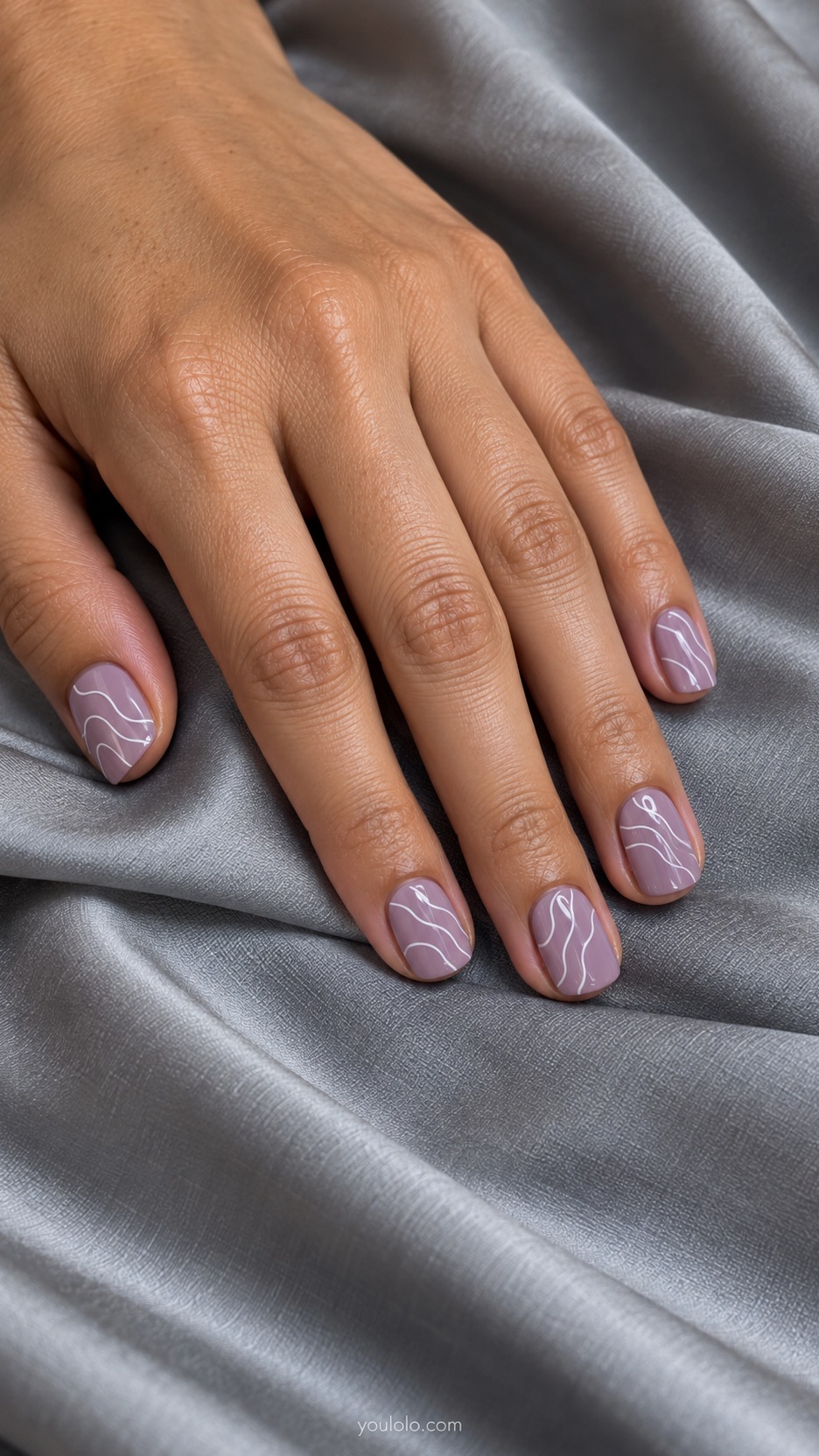 Short Artsy Nails: Lilac Contour Maps manicure on a naturally posed hand