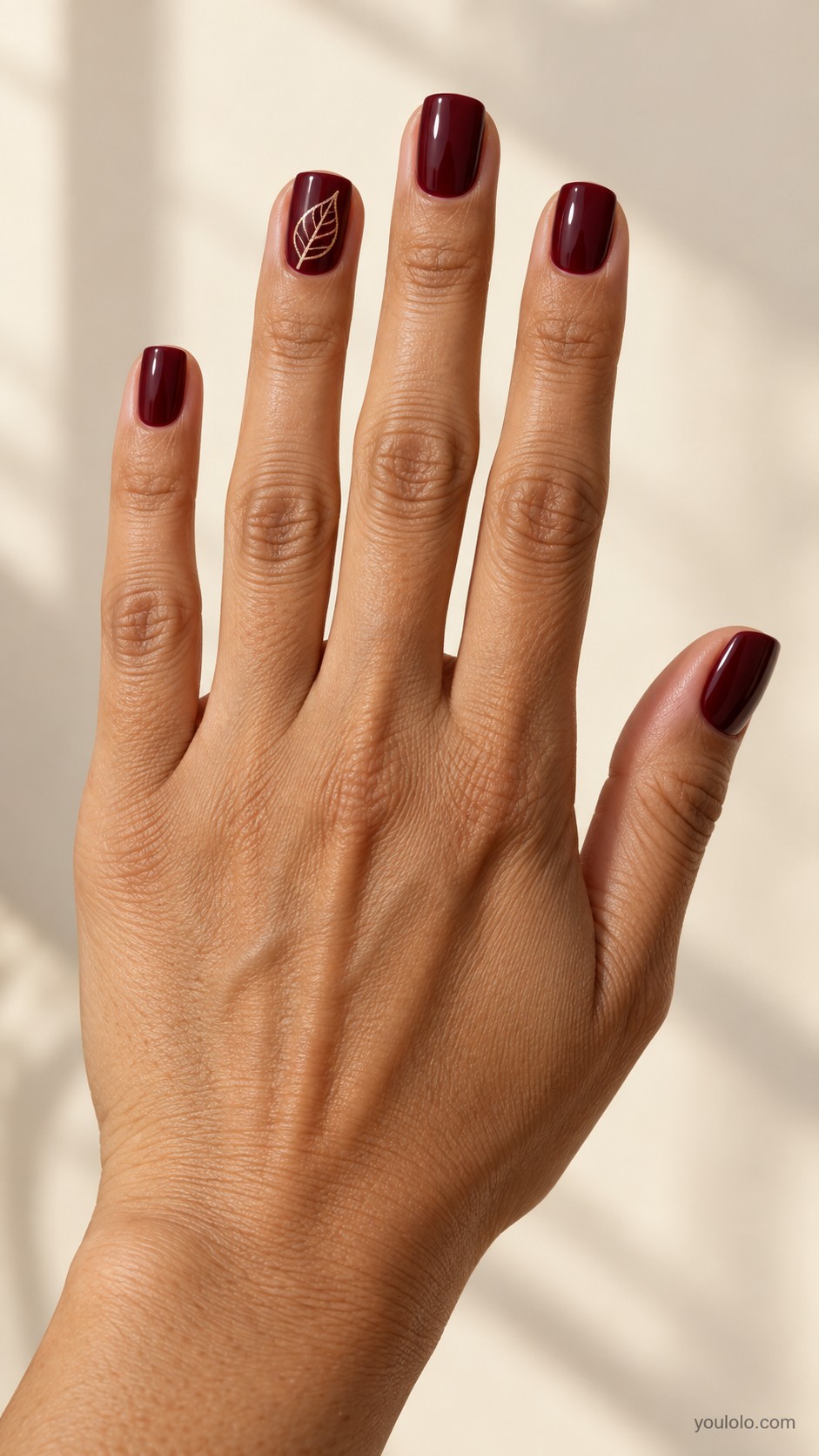 maroon nail art — Maroon with Copper Leaf Outlines