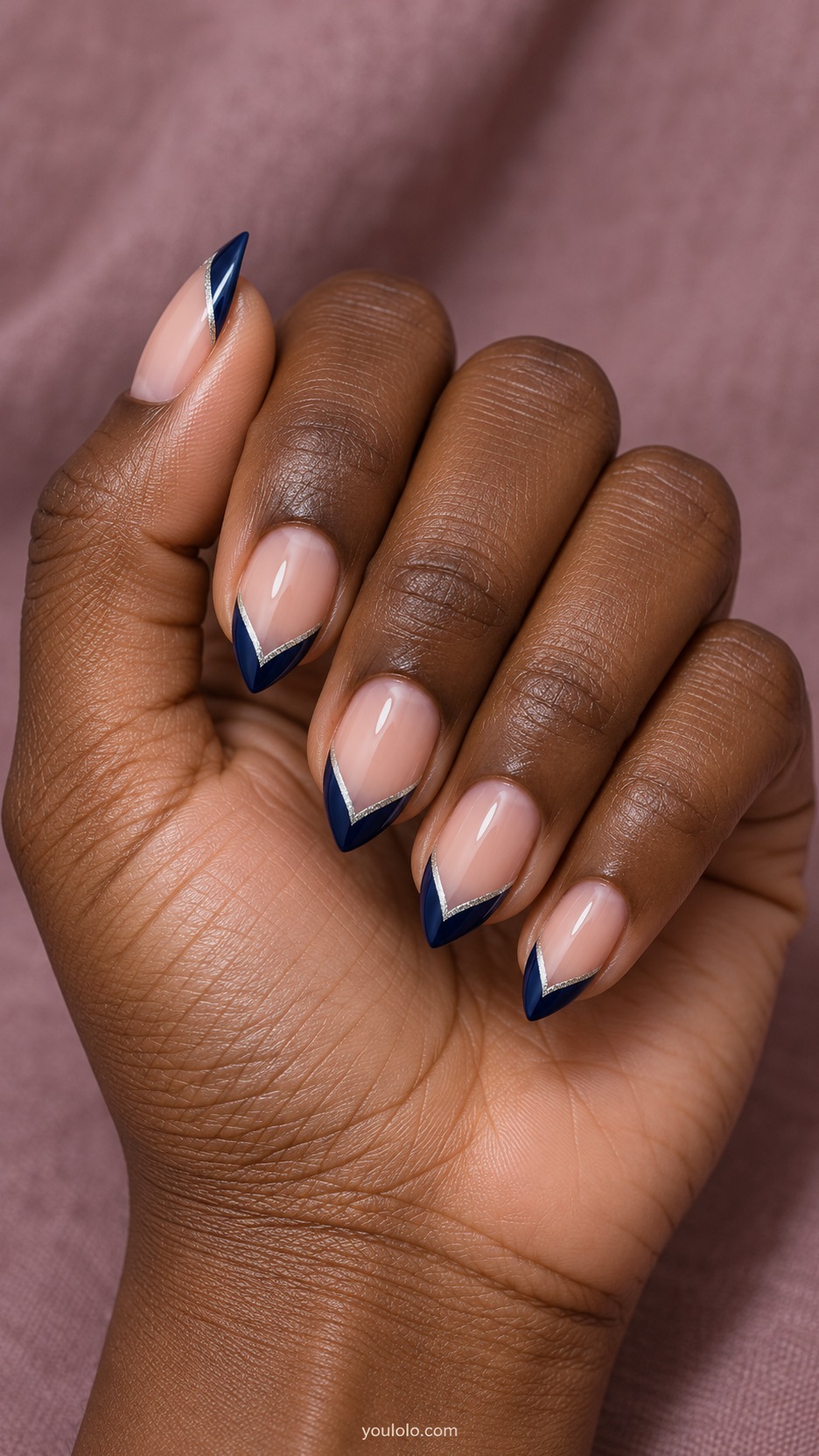 Short Stiletto French Nails: Midnight Silver Double manicure on a naturally posed hand