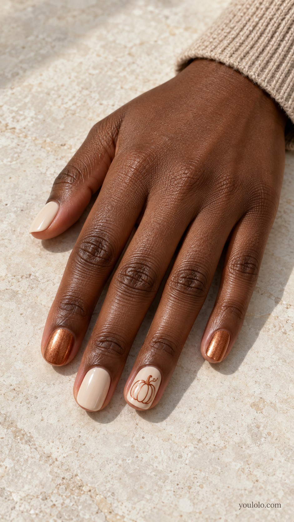 autumn nails — Cream with a Copper Pumpkin Outline