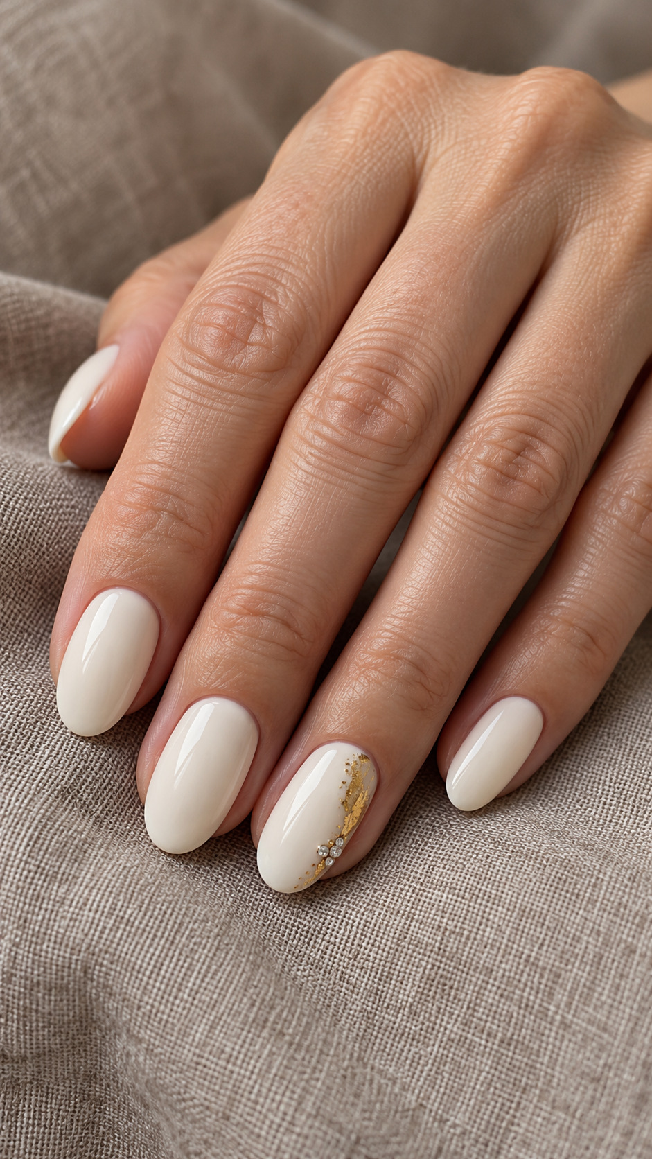 White Nails with Gold and Crystals: Warm ivory oval nails with gold foil and small clear crystals on one finger on a naturally posed adult hand