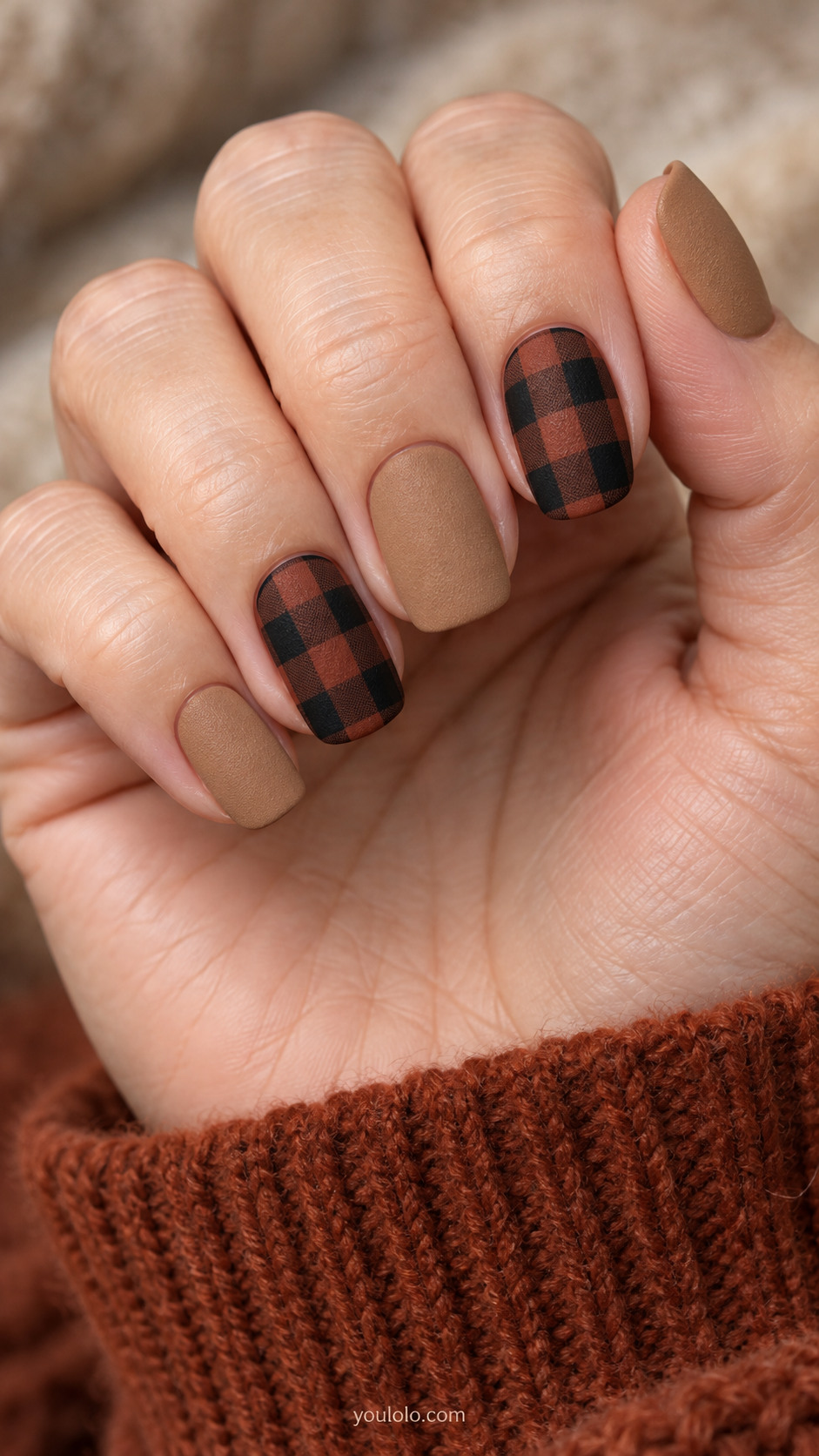 Camel suede-finish nails beside brick-and-black buffalo check accents