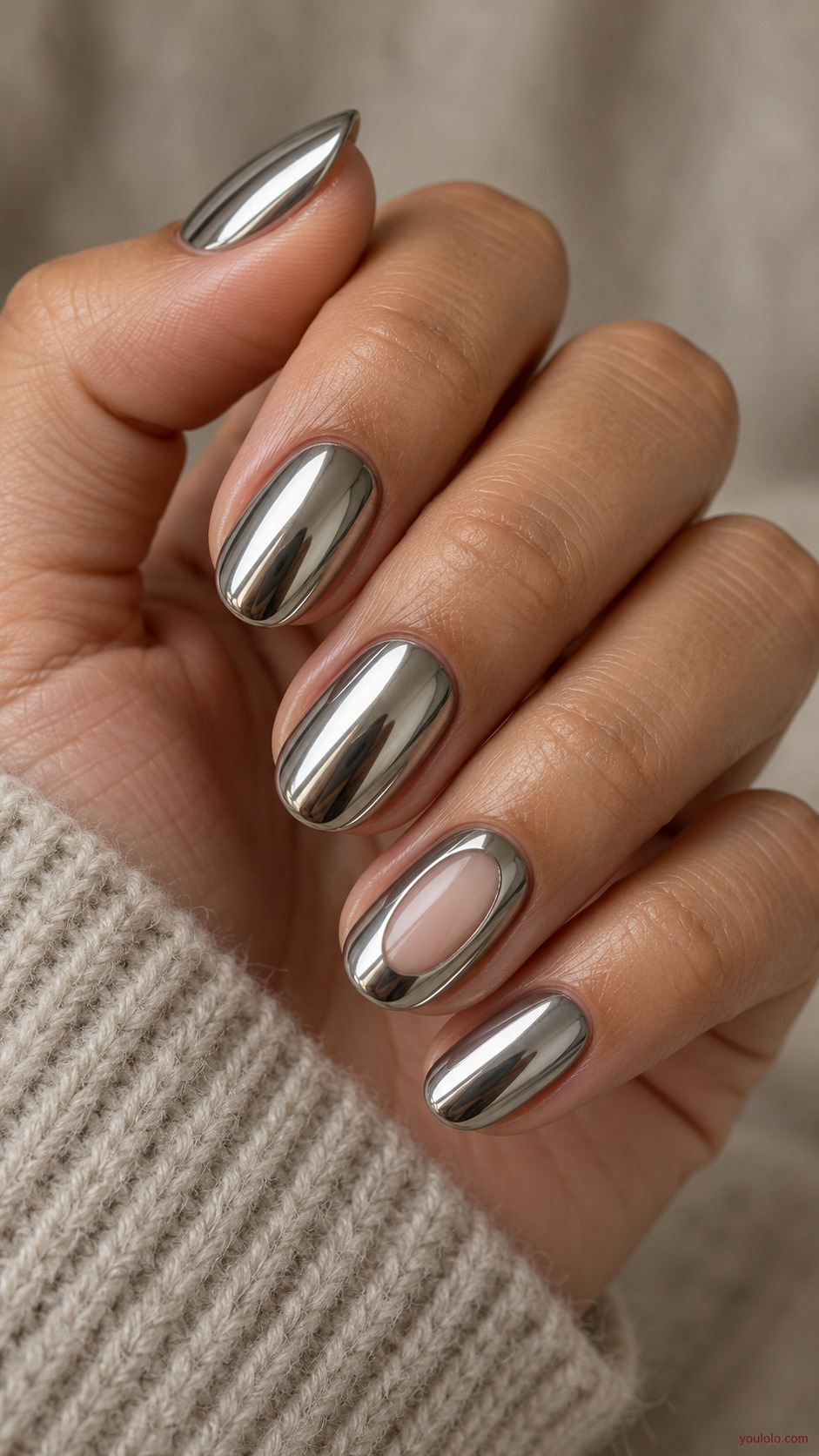 Pewter Chrome with One Nude Window on a naturally gathered feminine hand showing the nail finish