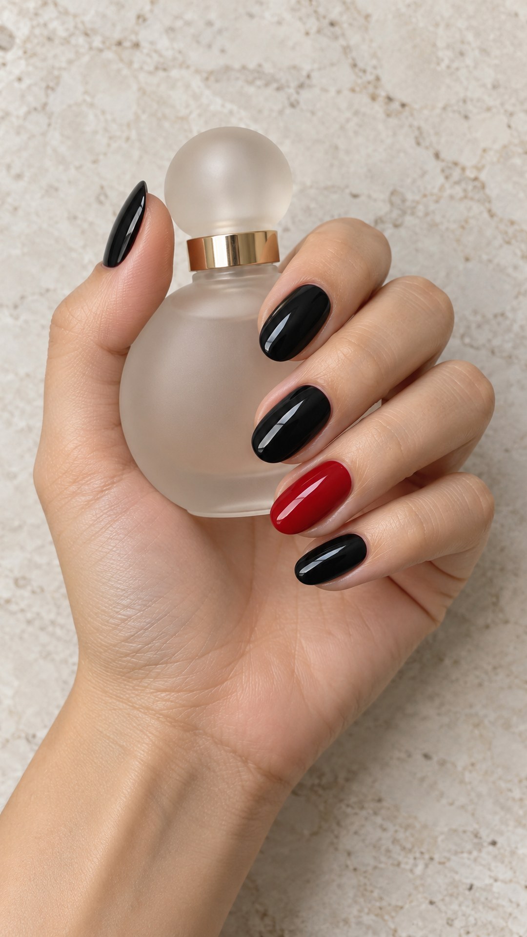 black and red nails — Single Red Accent in a Black Set