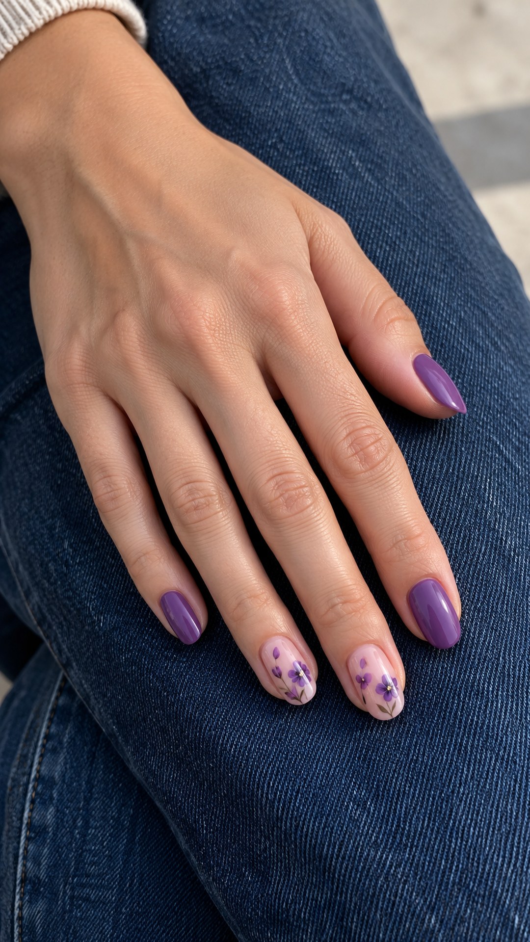 purple nail designs — Violet Flowers on Nude