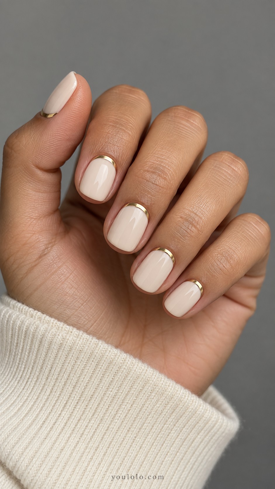 New Year nails — Gold Half Moons on Cream