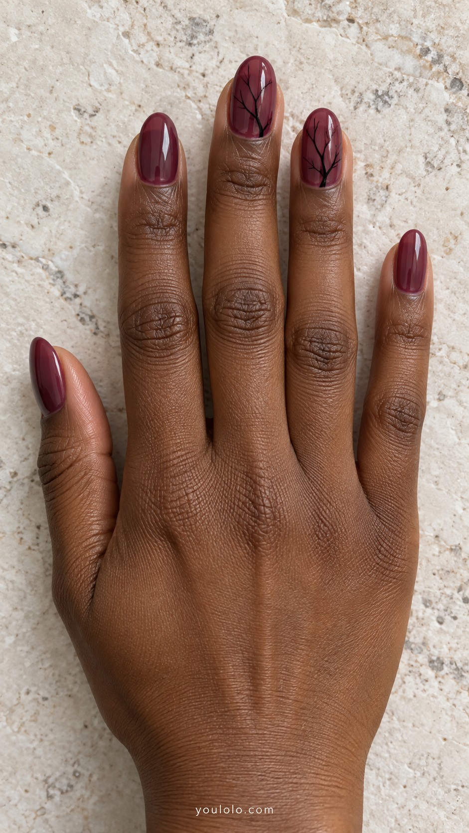 Dark Feminine Nails — Plum Jelly with Fine Black Branches