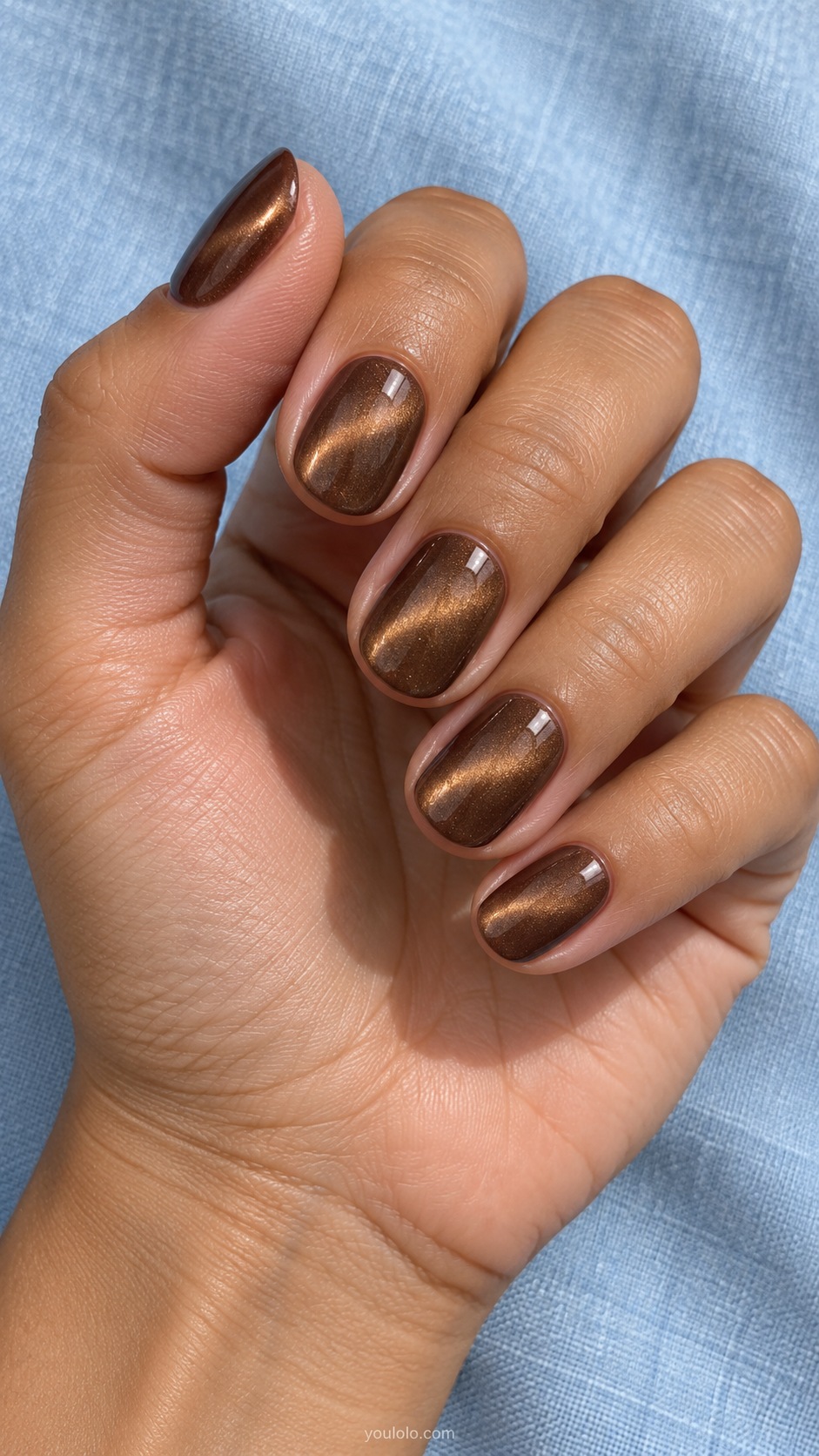 Chocolate Silk cat eye nails — Short oval milk chocolate brown magnetic nails with a broad warm bronze velvet glow.