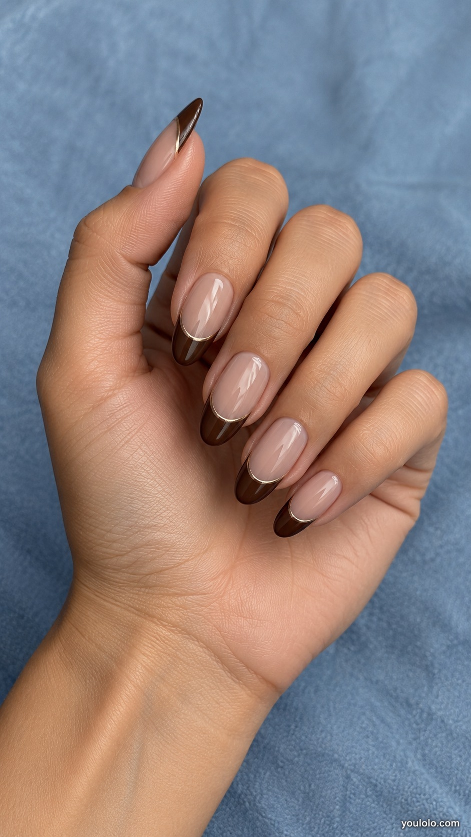 Mocha Chrome Double French — medium almond nude beige nails mocha chrome deep tips plus separate hairline bronze smile below