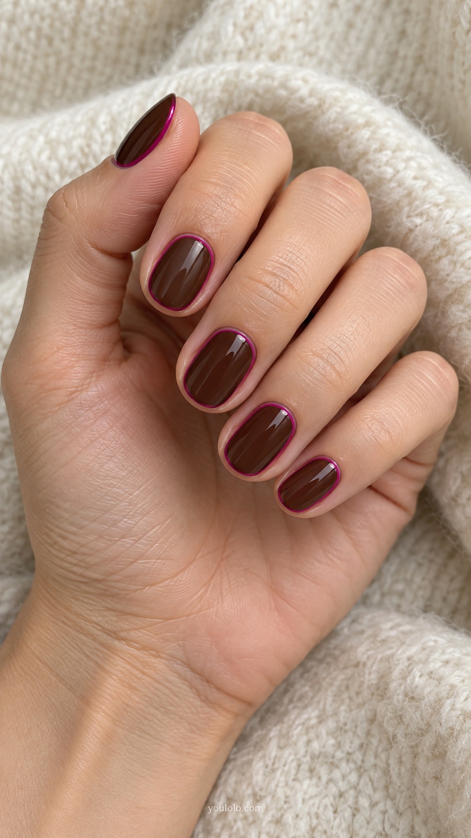 Fuchsia Coffee Outline — short oval coffee brown nails hairline fuchsia perimeter outline
