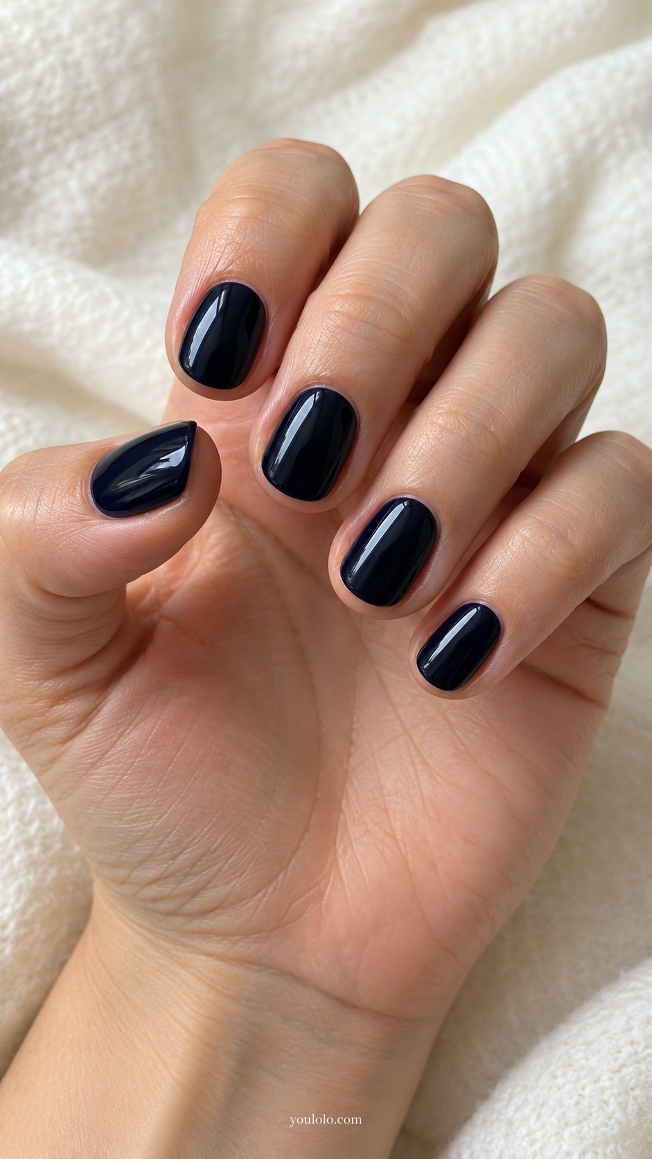 Short round nails extremely dark blue black opaque gloss no art