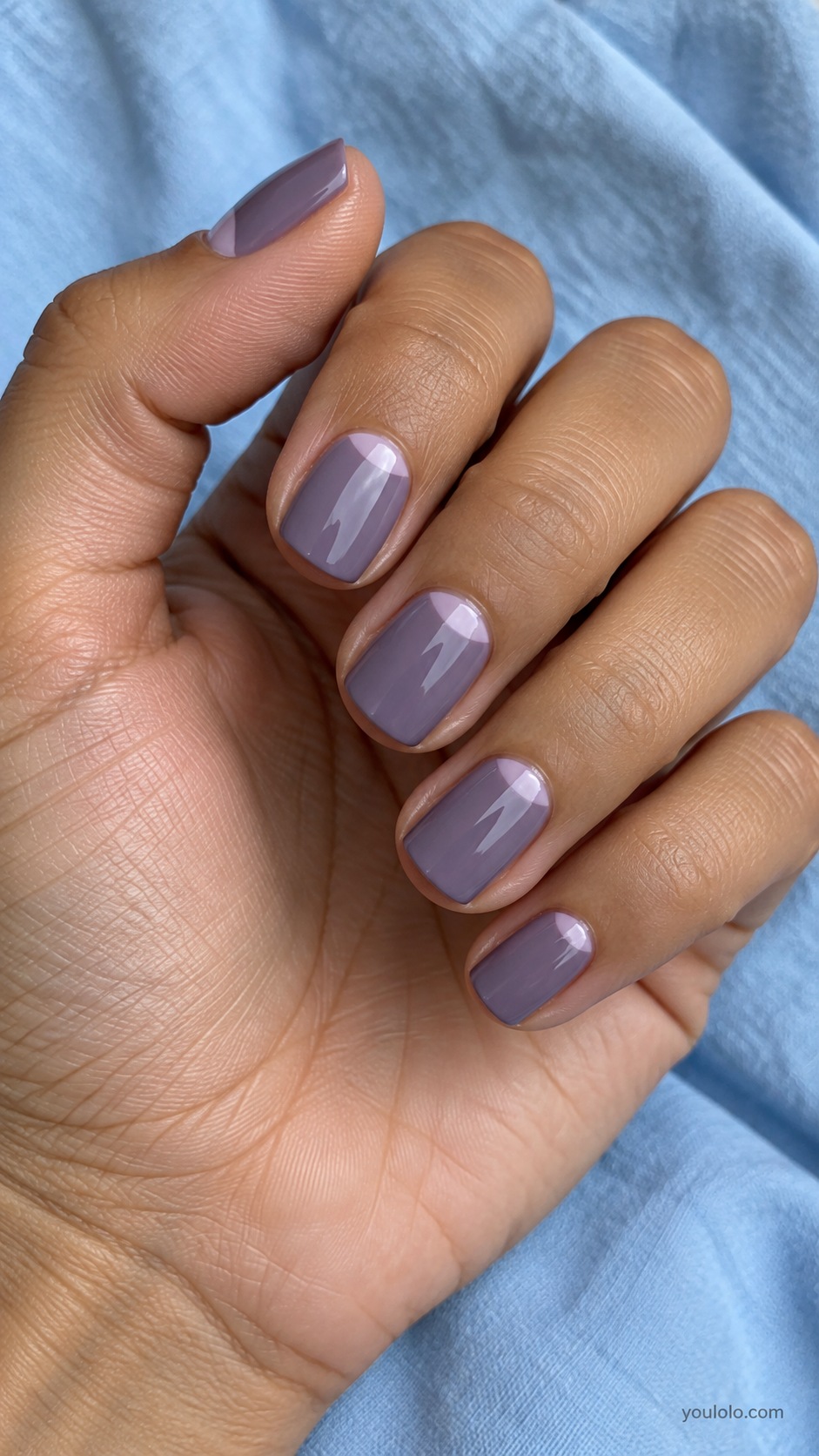 Short squoval nails muted heather purple with small pale lilac cuticle moons