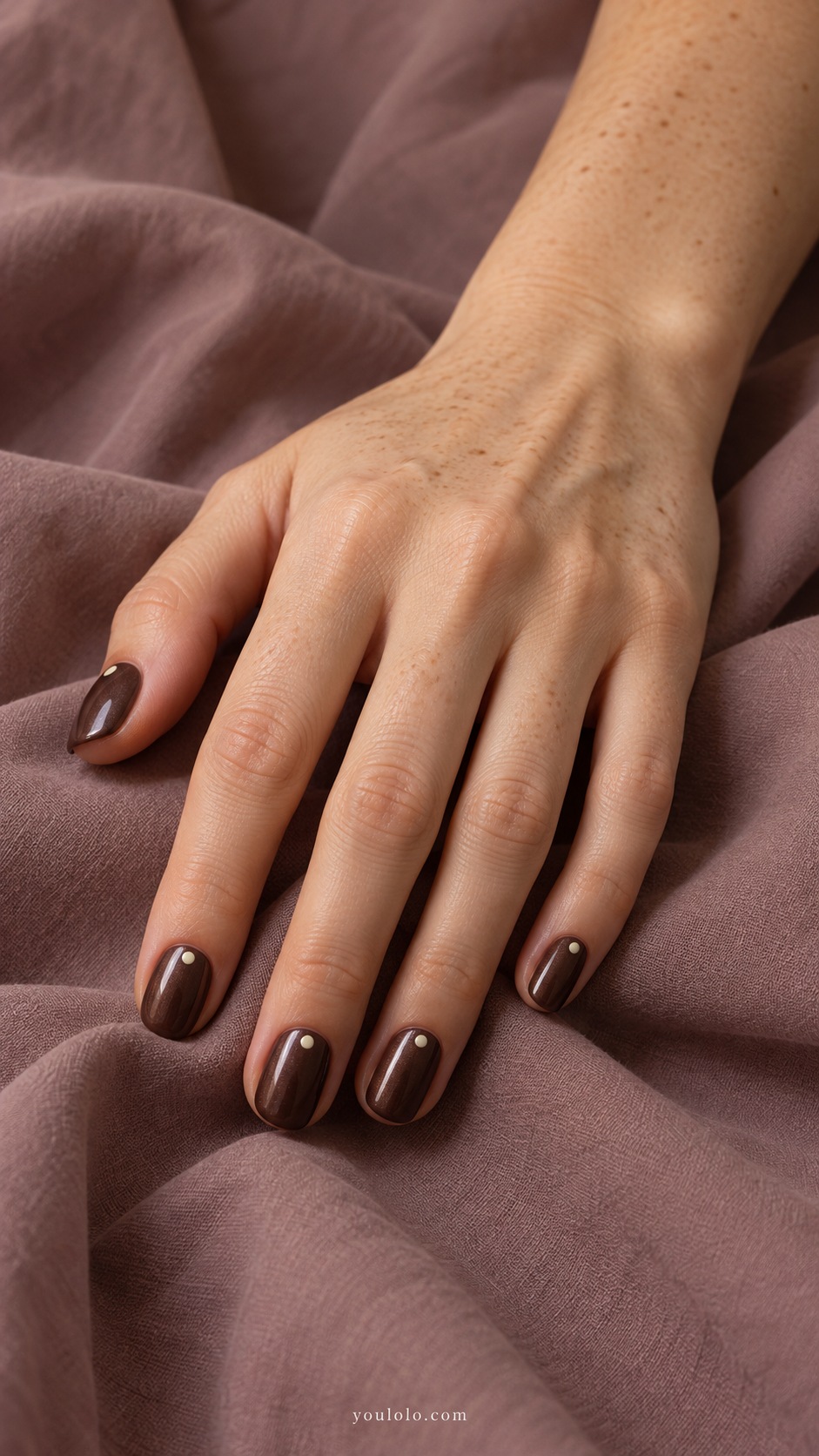 Short oval dark chocolate pearl nails one tiny ivory pearl-like dot near cuticle each nail