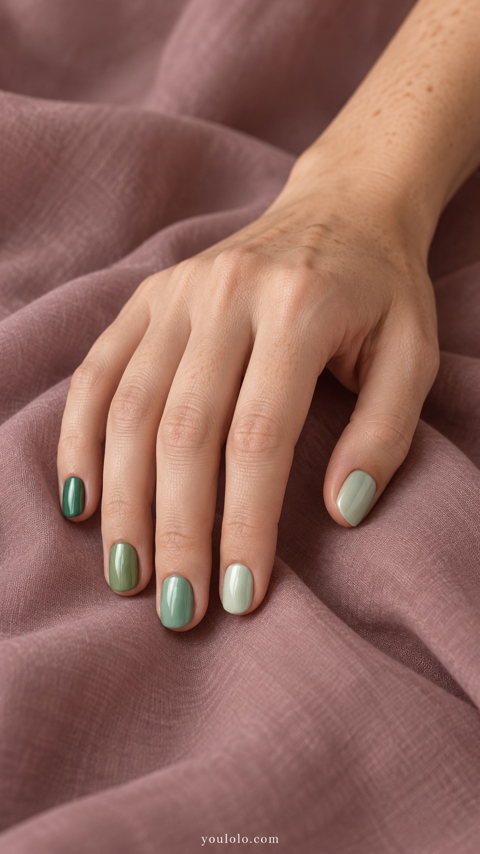 Short round nails five coordinated green pearl shades from pale seafoam to muted medium eucalyptus, one shade per finger