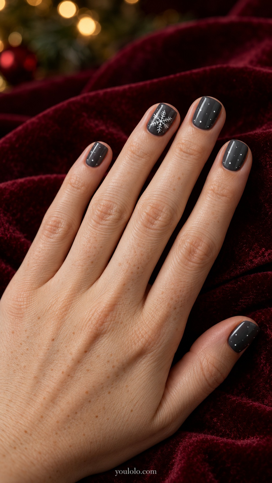 Short square charcoal gray nails tiny white dots plus single larger six branched snowflake on ring nail