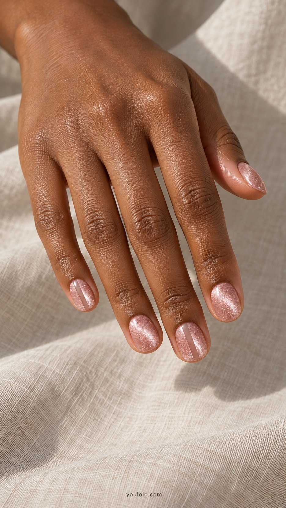 Pearl Velvet Negative Space: short rounded blush magnetic velvet nails, narrow clear vertical stripe left through middle of two accents