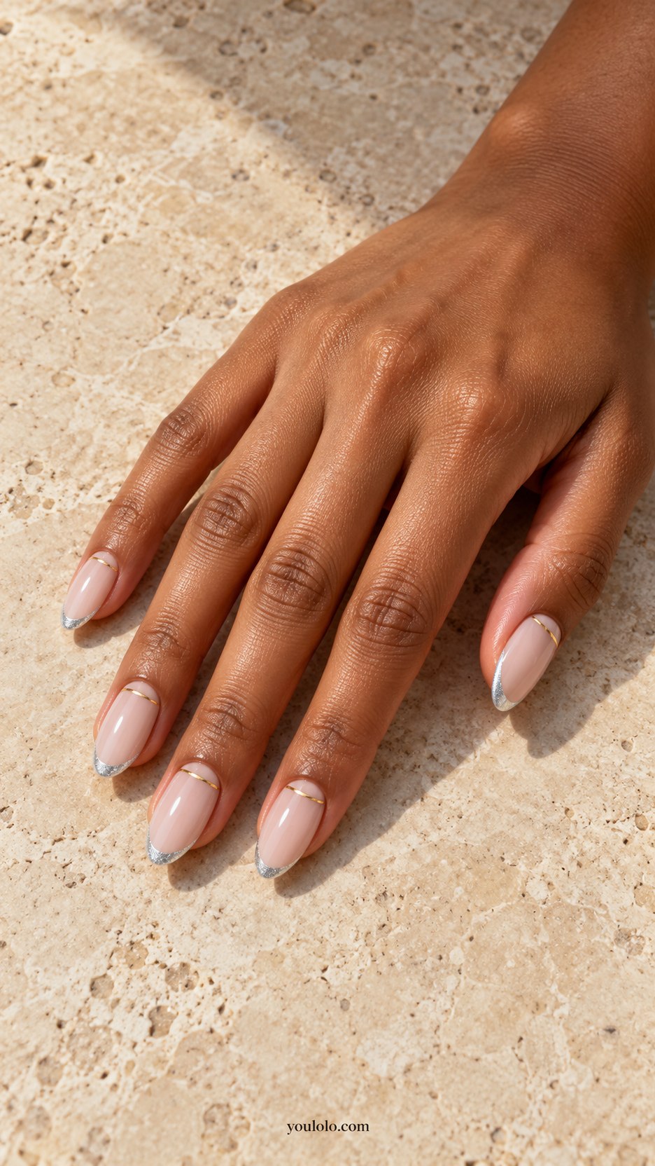 Gold Cuticle Silver Tip: medium almond milky nude nails, fine gold arc near base and silver micro French tip