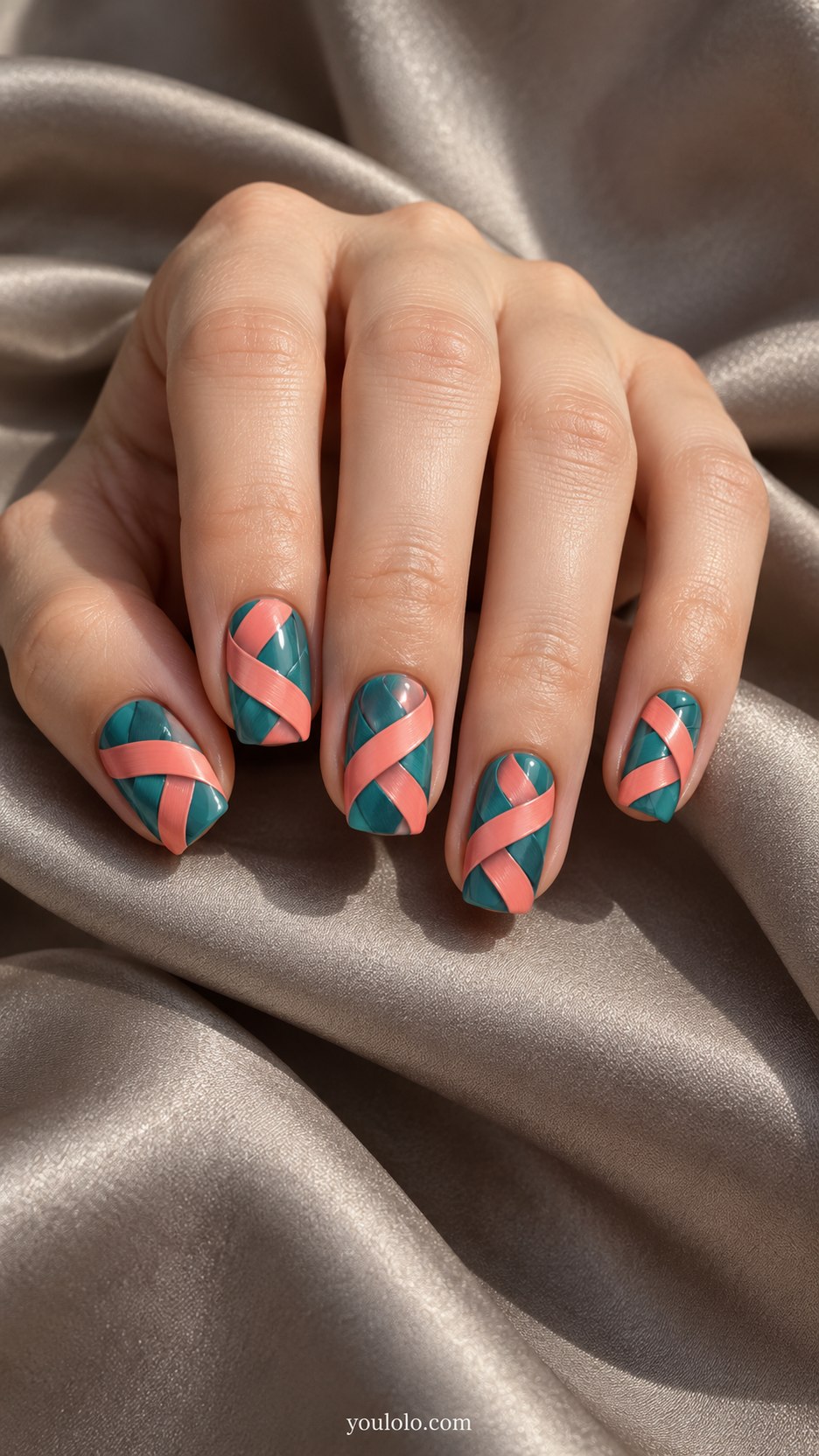 Woven Color Strips: medium square nails, teal coral cream painted ribbons alternating over-under with tiny shadows, smooth flat polish