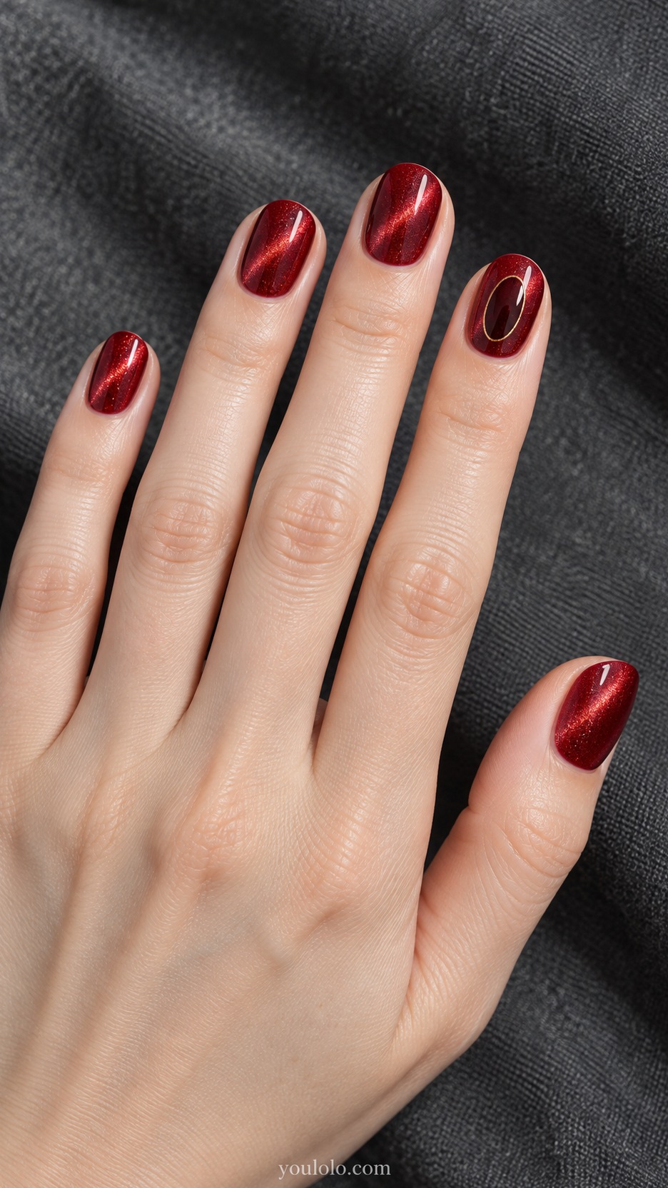 Short Red Cat Eye Nails: short round red jelly magnetic nails tiny dark burgundy outlined oval on ring only
