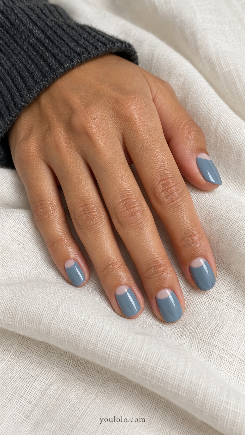 winter nails — Dusty Blue Half-Moons