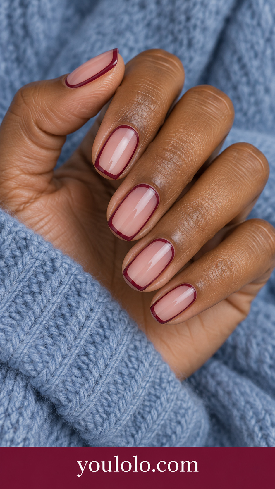 Maroon Rose Window Frame: medium squoval sheer rose nails thin maroon rectangular border following nail perimeter, center sheer on a naturally posed adult hand