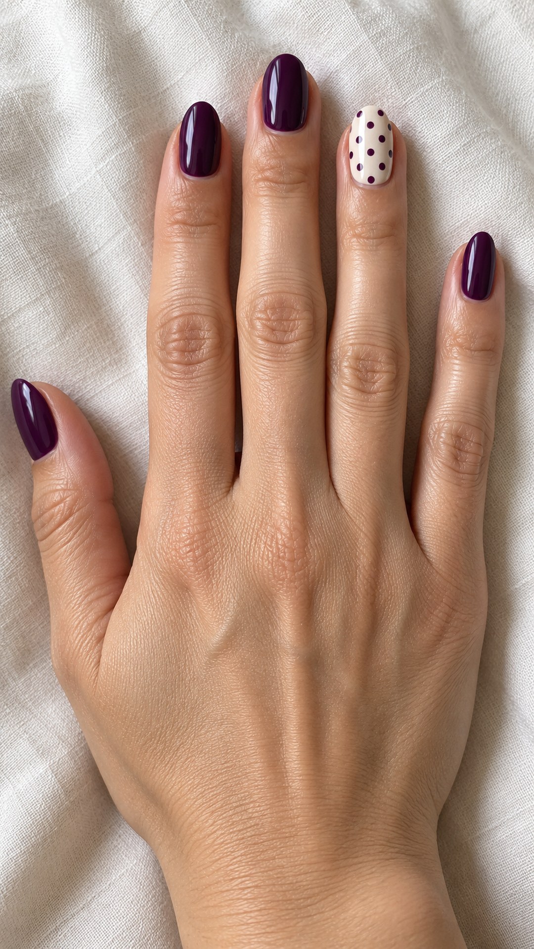 dark purple nails — Dark Purple Polka Dots on Cream