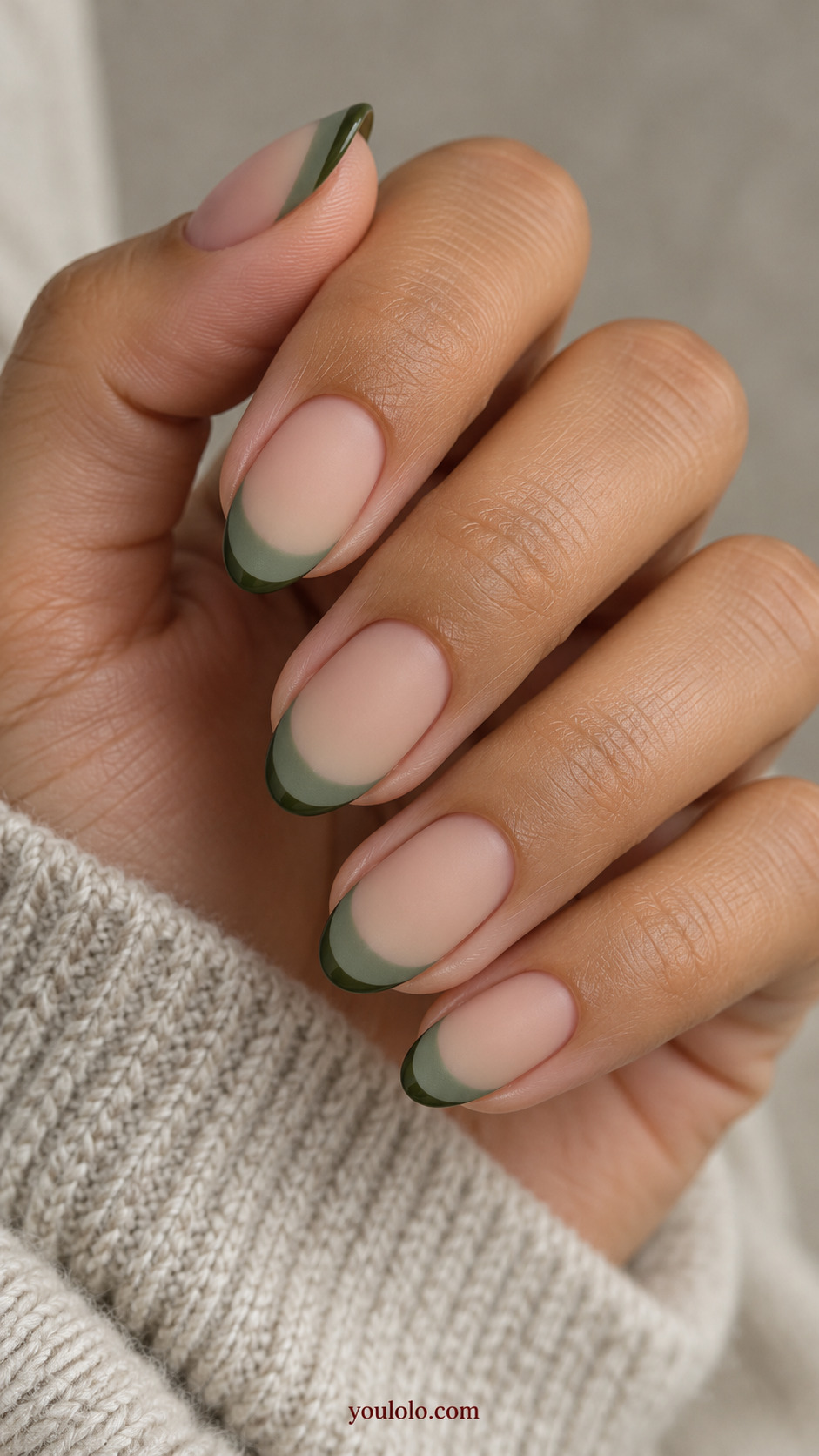 Double Green French Tips on a softly gathered feminine hand with a matte green manicure