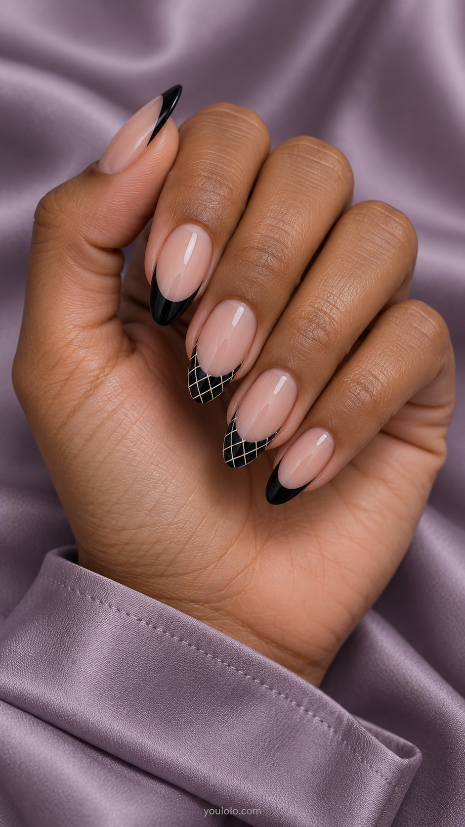 Fine Mesh Accent Tips on almond nails with a nude base