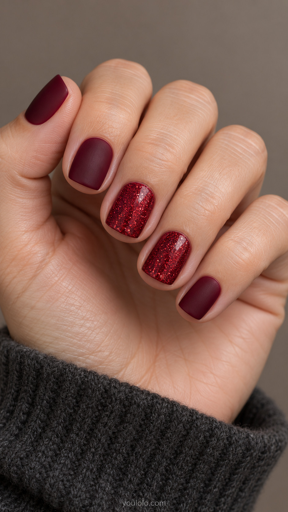 Matte burgundy square nails paired with glossy red glitter accents
