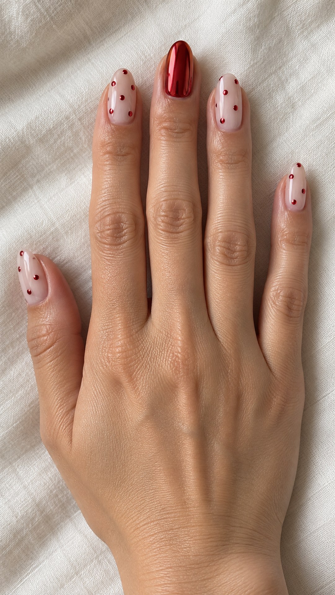 red chrome nails — Milky Nails with Chrome Red Dots