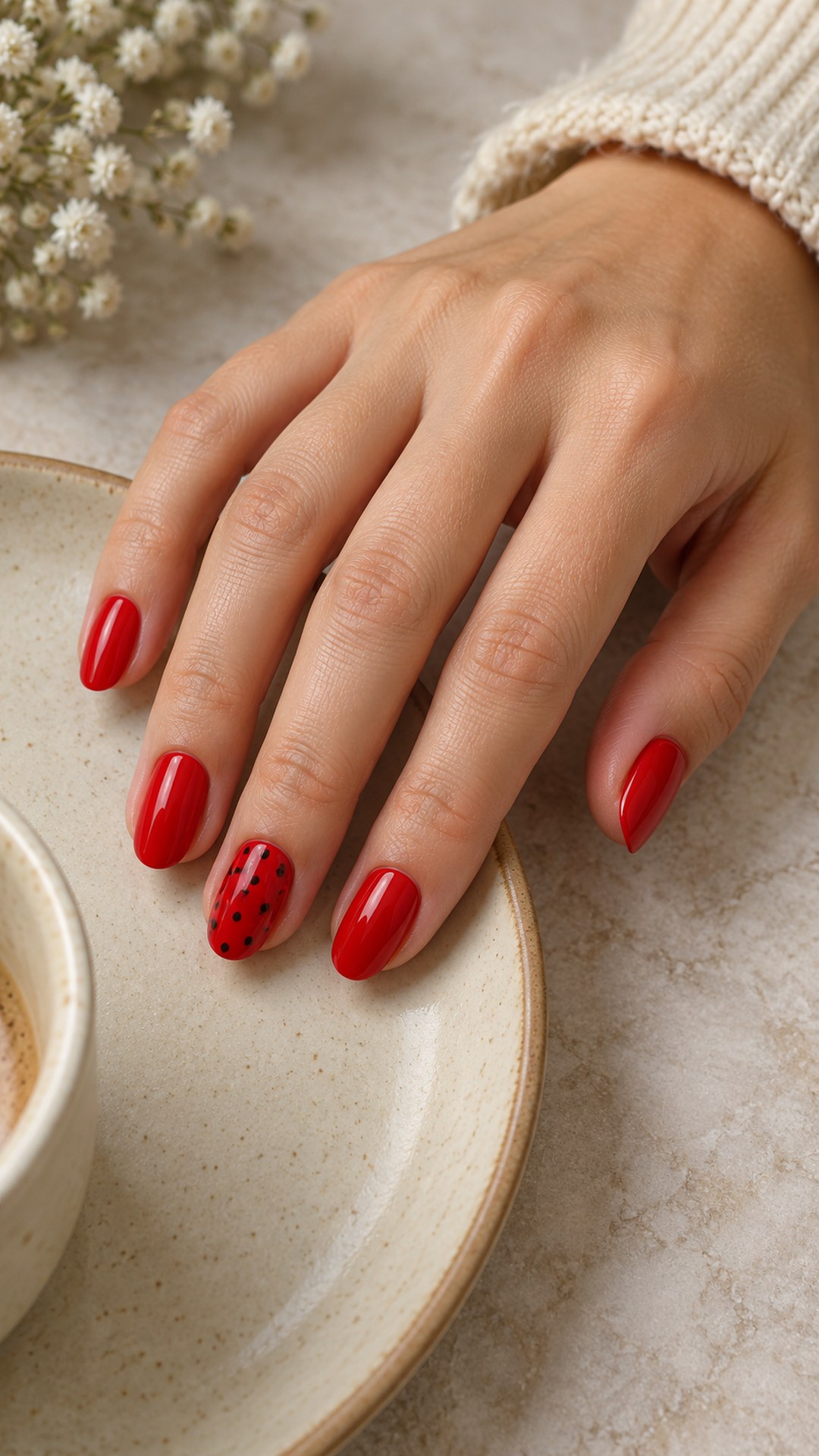 black and red nails — Red Nails with One Black Dot Accent