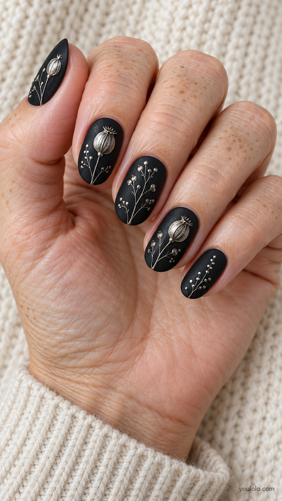 Medium oval matte black nails with fine metallic silver botanical dried seedpods on two nails and fine dotted stems on others, elegant scientific illustration not spooky