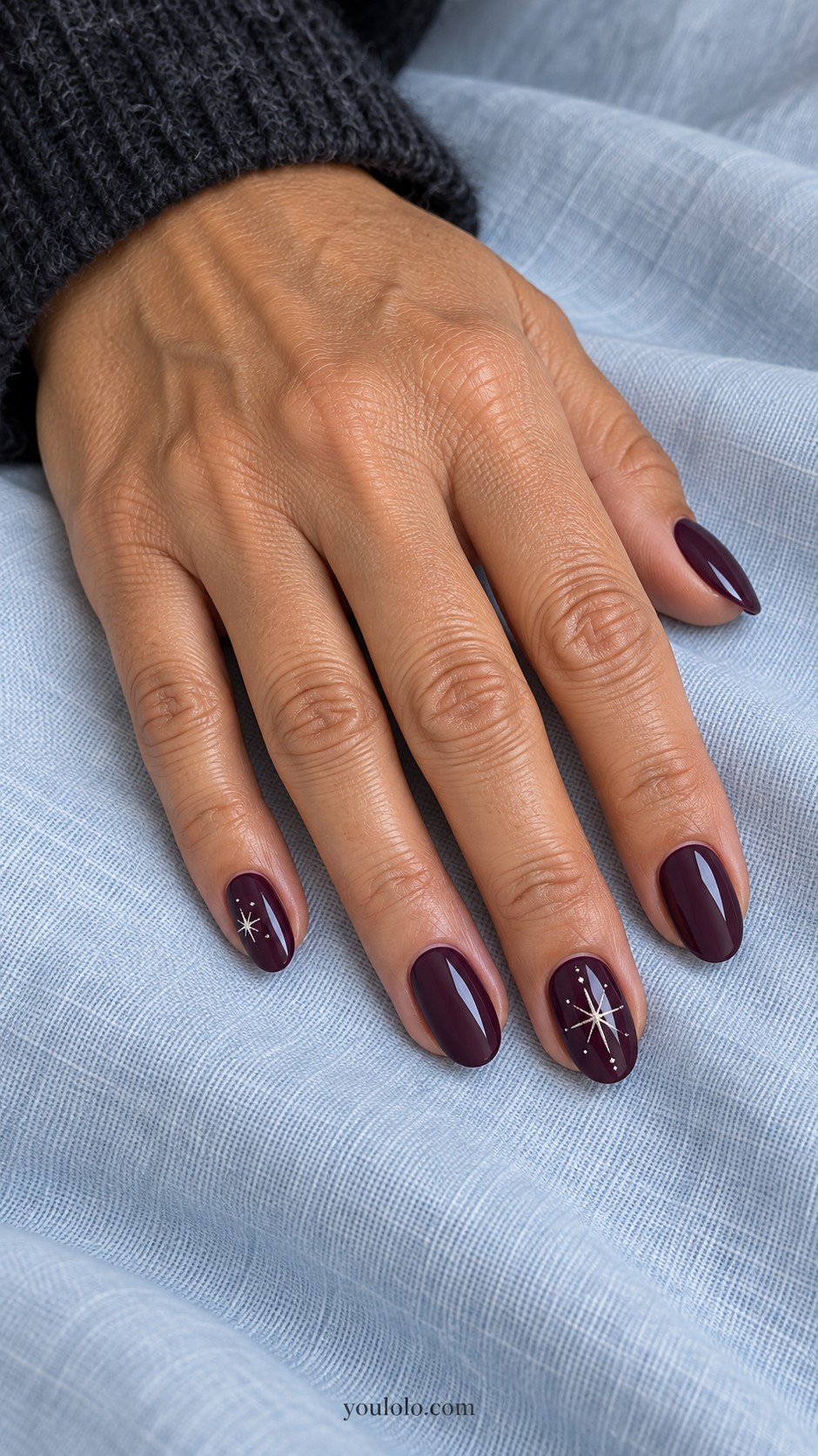 New Year nails — Plum with Silver Starbursts