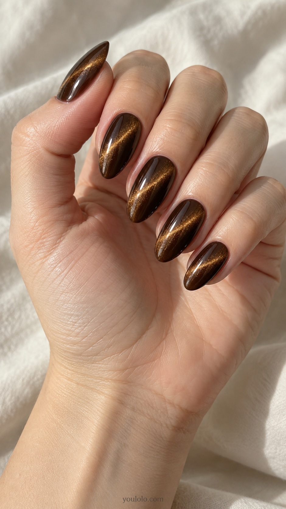 Espresso with an Amber Beam cat eye nails — Medium almond espresso brown with narrow diagonal amber gold magnetic highlight.