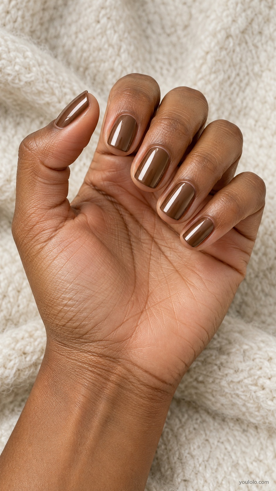 Toffee Chrome Squoval — short squoval warm toffee brown chrome smooth bright reflection