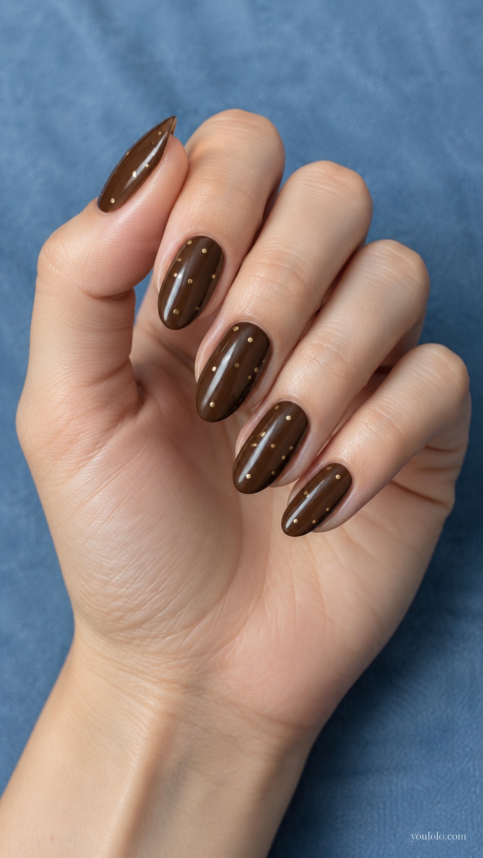 Espresso with Gold Dots — medium almond espresso cream nails tiny flat gold metallic polka dots widely spaced no studs
