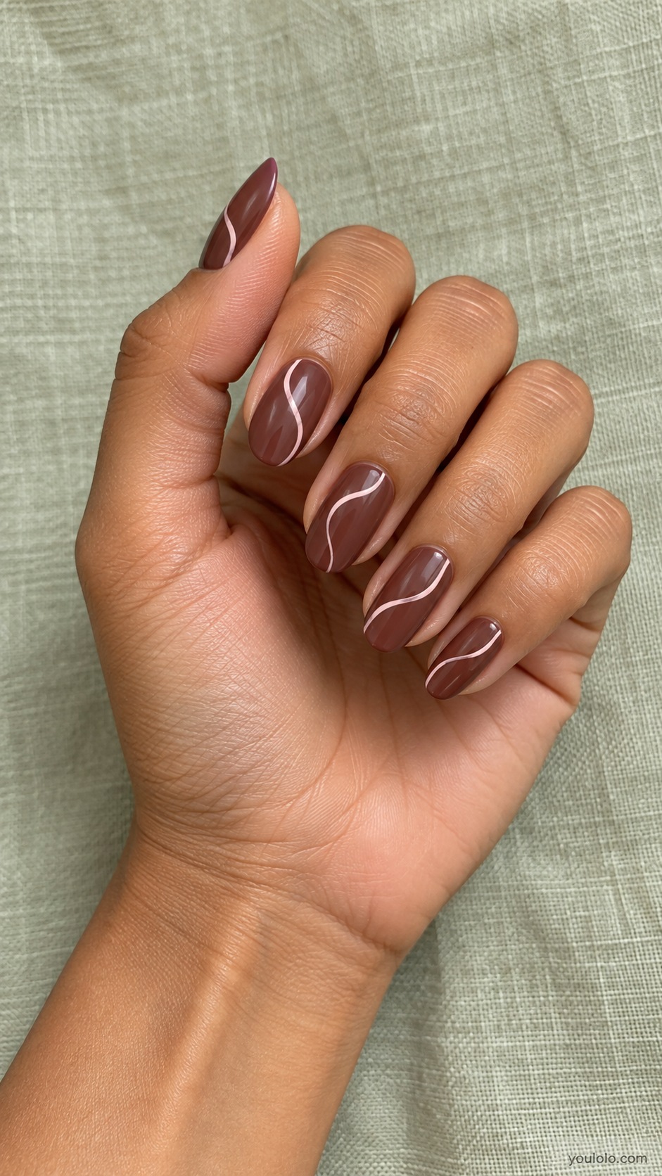 Rosewood Pink Ribbon — medium oval rosewood brown nails thin pale pink S ribbon on each nail