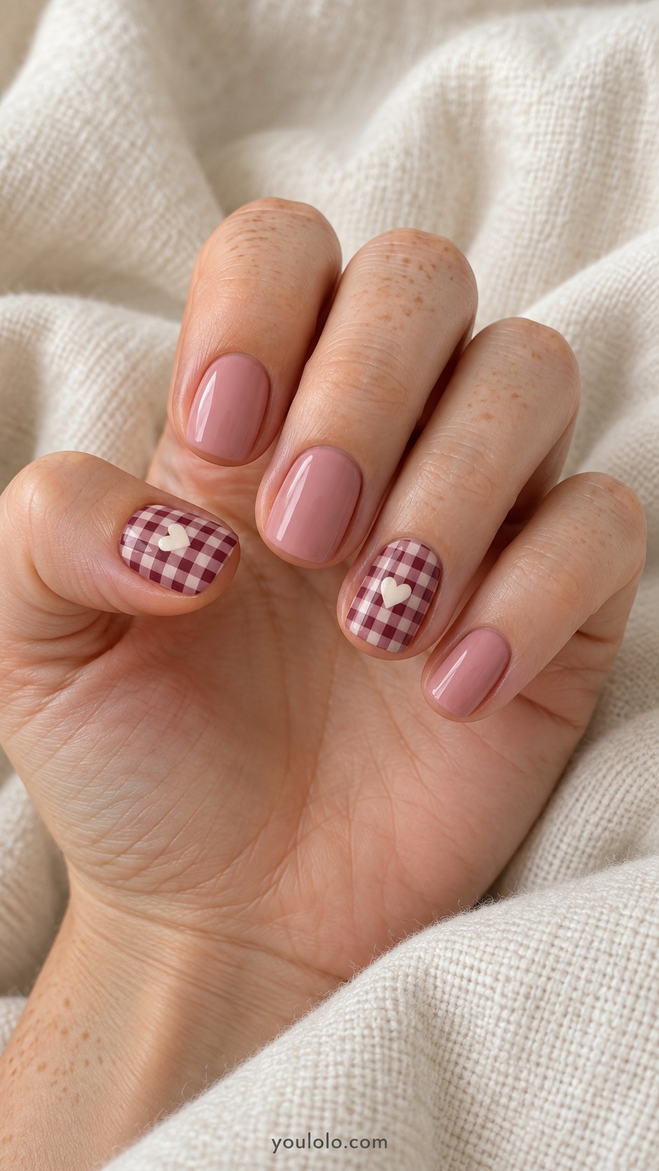 Short squoval nails dusty pink ring and thumb fine burgundy gingham with small cream heart center other nails solid dusty pink