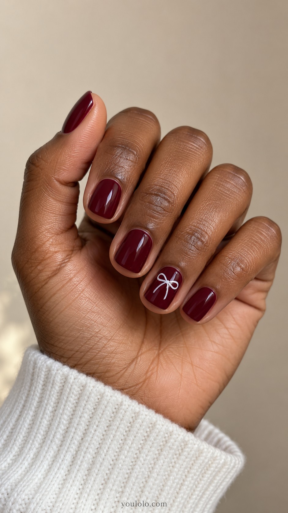 Xmas nails — A Tiny White Bow on Burgundy