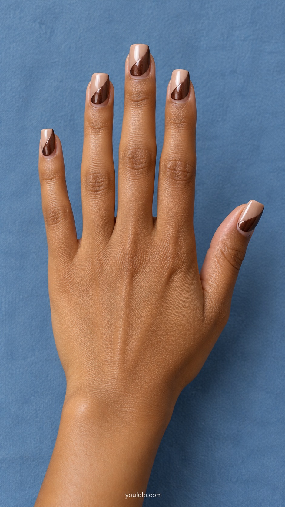 Medium square sheer beige glazed nails opaque chocolate pearl lower diagonal half at tips, no metallic outline