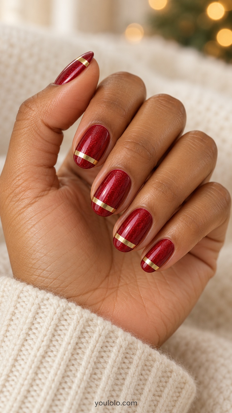 Medium oval deep red fine shimmer nails single gold chrome transverse band close to tip