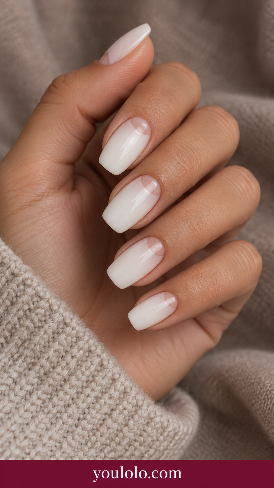 medium soft square white cream nails small sheer nude half moon at each base, glossy no decoration on a naturally relaxed adult hand